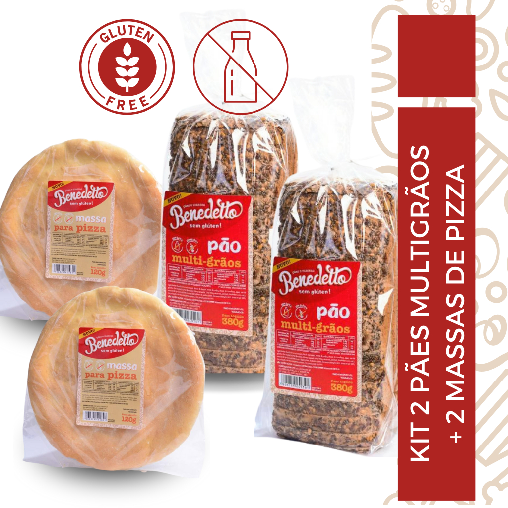 KIT 2 MASSA PIZZA + 02 PÃO MULTI GRÃOS BENEDETTO SEM GLÚTEN SEM LEITE SAUDÁVEL