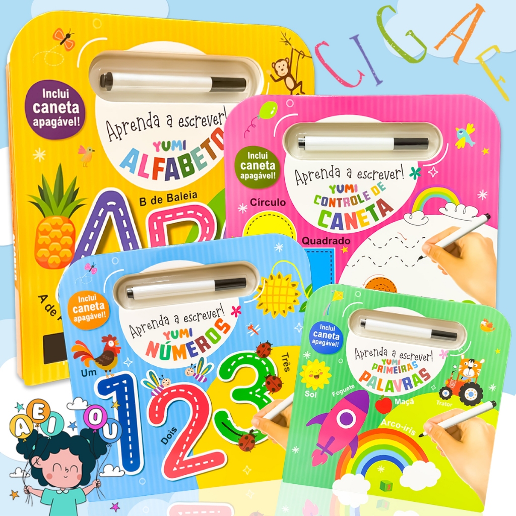Coleção Livro Infantil Aprenda a Escrever Com Caneta Mágica Apagável Caligrafia Números Primeiras Palavras em Oferta na Shopee