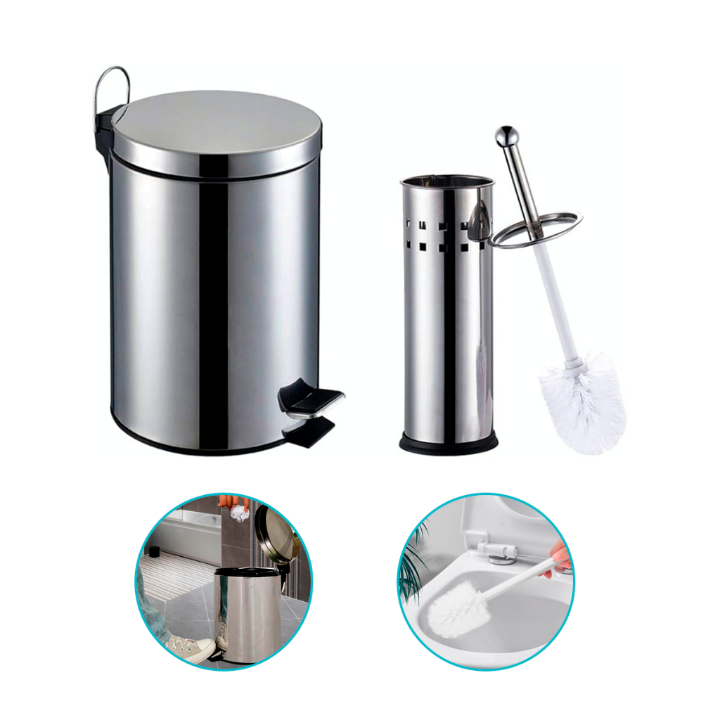 Kit Lixeira 3 Litros Inox + Escova Sanitária Inox para Limpeza Balde de Lixo Balde Removível