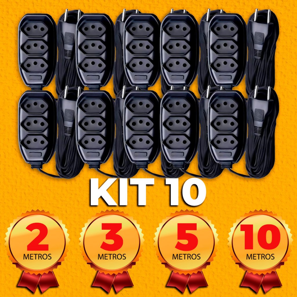 Kit 10 Extensões 2 a 10 metros Elétrica Preta 110w/220w