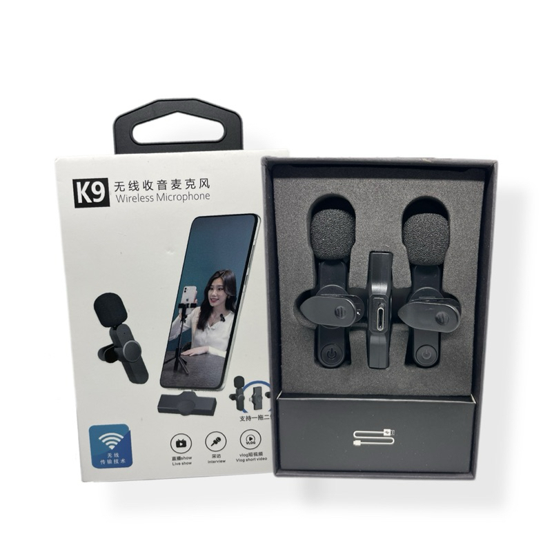 Microfone de Lapela Sem Fio K9 – Duplo Wireless Recarregável p/ Celular, Gravações, Live e Vídeos