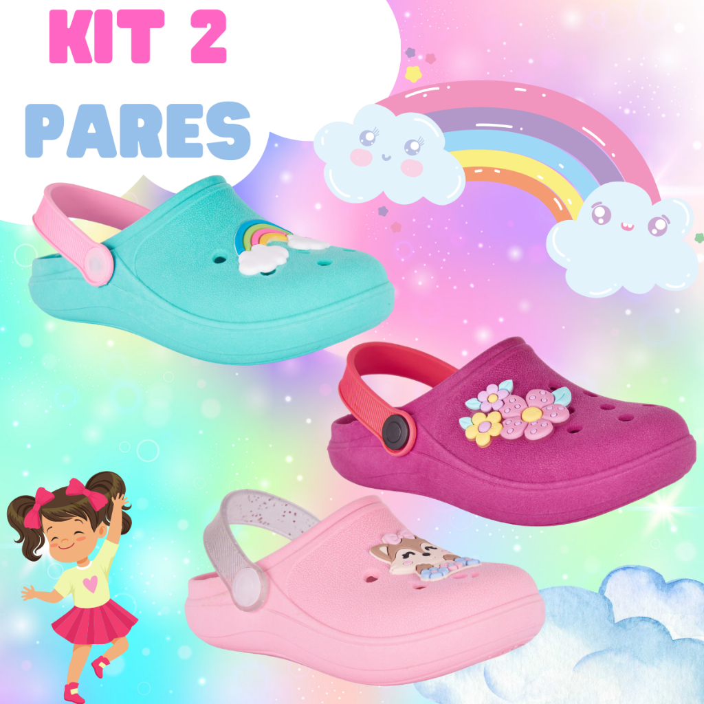Kit 2 Babuche Infantil Menina Sandália Slide Original Leve e Macio Confortável Estiloso para Criança