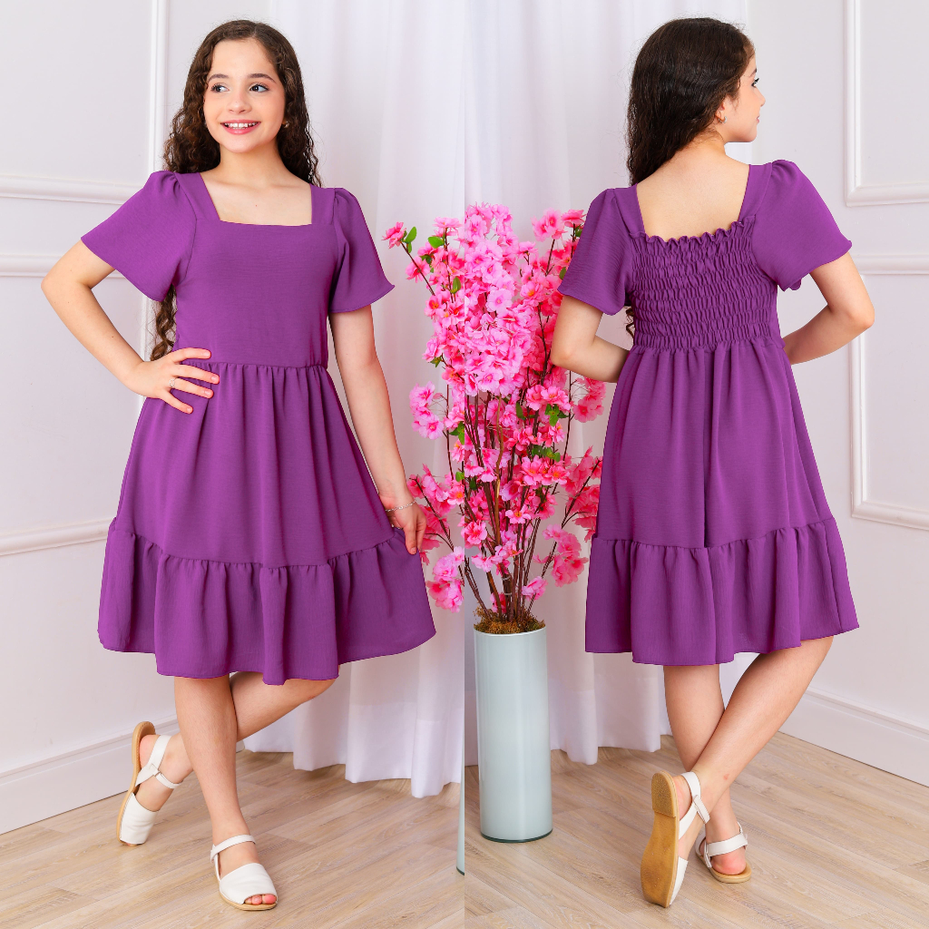 vestido curto de manga curto infantil/juvenil/meninas