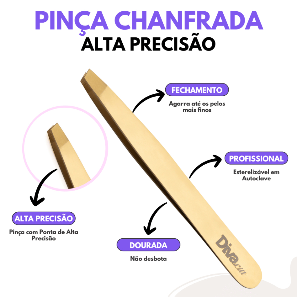 Pinça Chanfrada para Design de Sobrancelhas Depilação Autoclavável Profissional