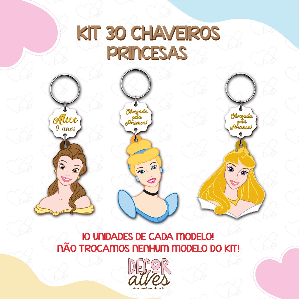 Princesas Disney - KITS VARIADOS - Chaveiro Personalizado MDF brilhoso Lembrancinha infantil