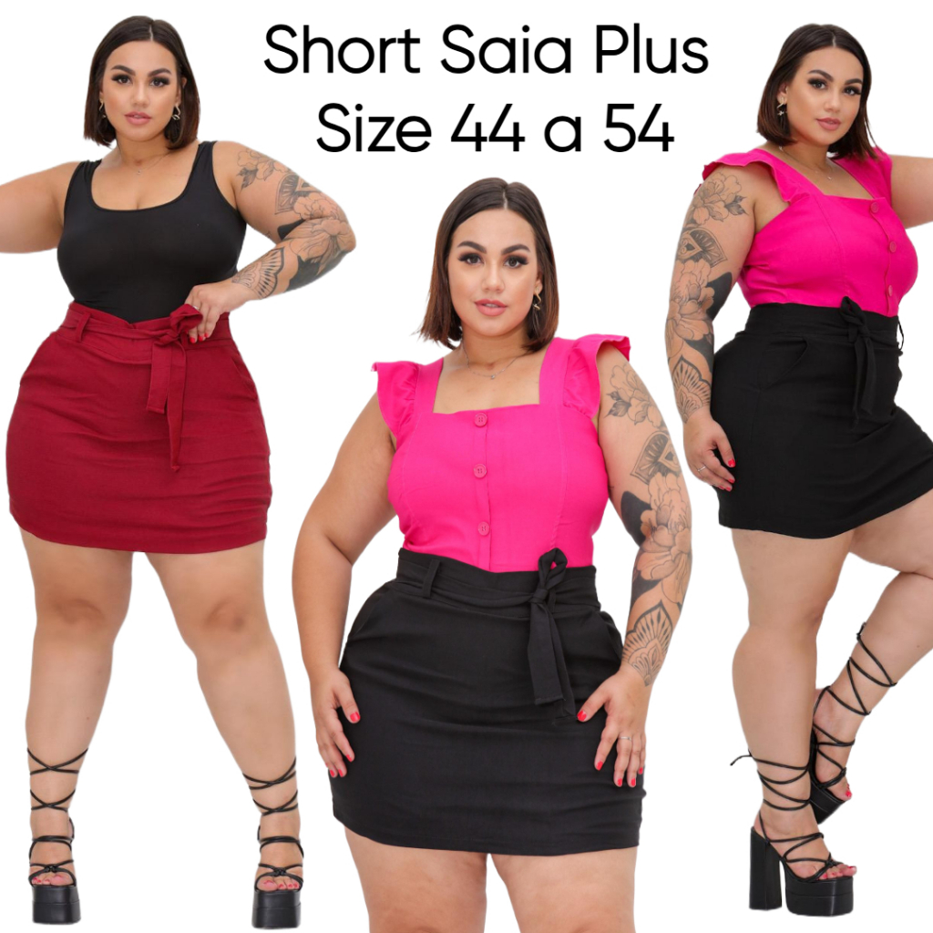 SAIA PLUS SIZE ALFAIATARIA SHORT POR BAIXO TECIDO BENGALINE BOLSOS DETALHE AMARRAÇÃO em Oferta na Shopee