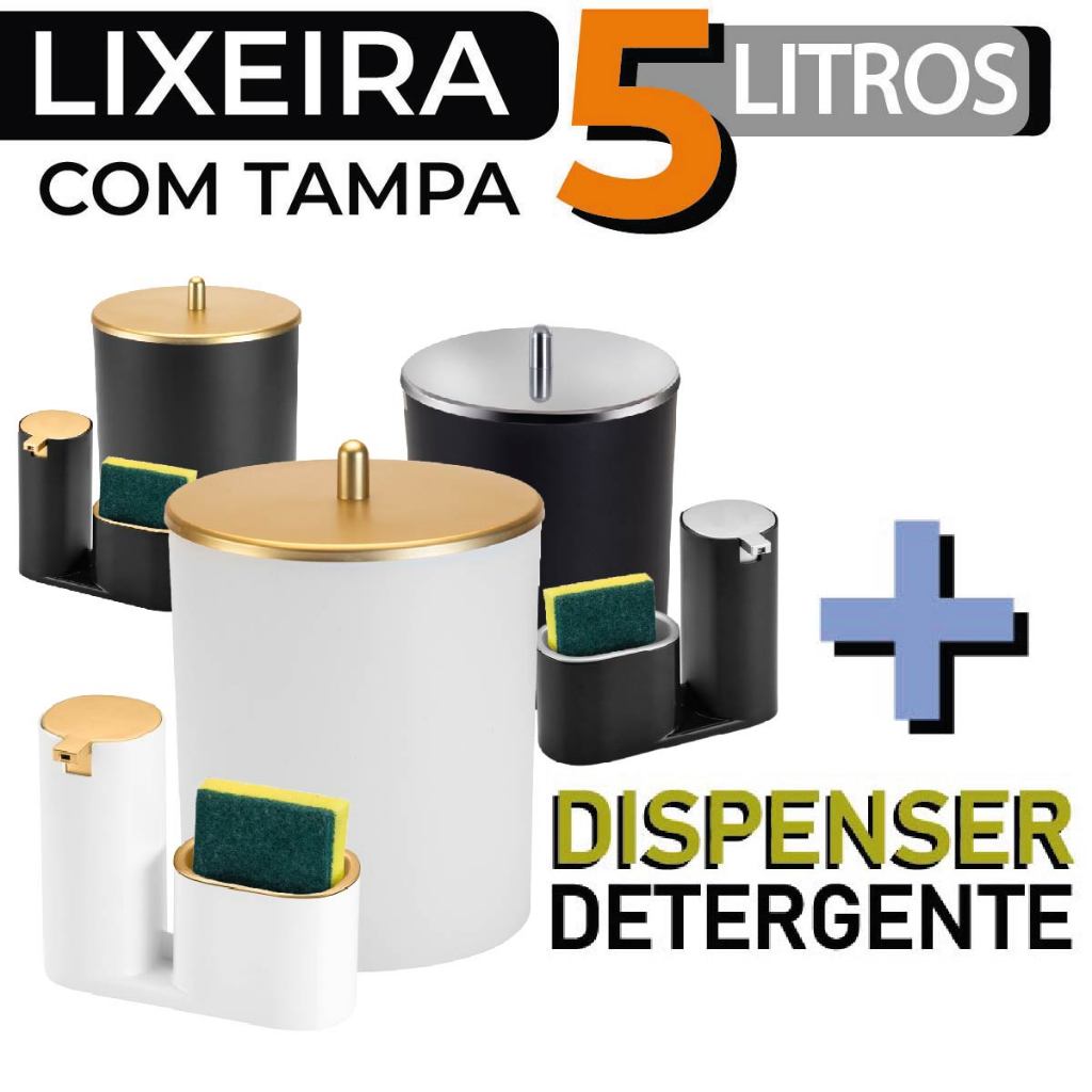 Kit Lixeira Luxo 5 Litros + Dispenser C/ Tampa Tipo Inox Banheiro Cozinha Lavabo Escritório Promoção em Oferta na Shopee