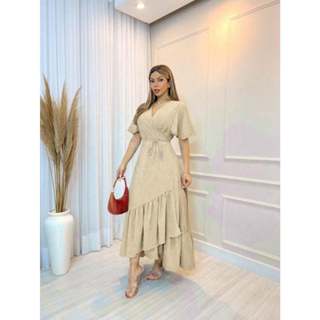 Vestido Longo Envelope Transpassado Manga Curta Decote V Detalhe Saia Em Babado Moda Femin...