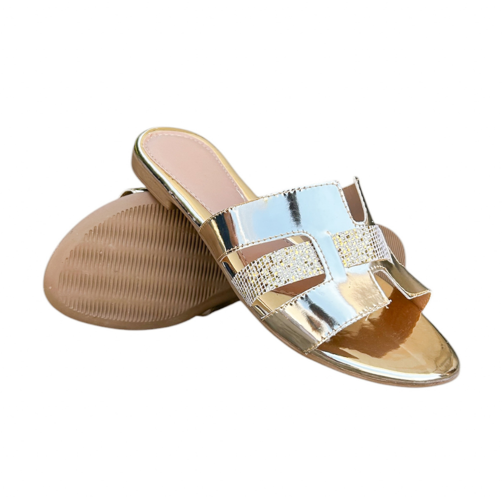 Rasteirinha Flat Rasteira H Feminina Lolitta Fashion Básica com Brilho Moda Verão