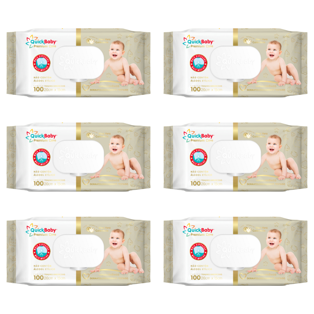 KIT 6 TOALHAS UMEDECIDAS QUICK BABY PREMIUM CARE 600 FOLHAS