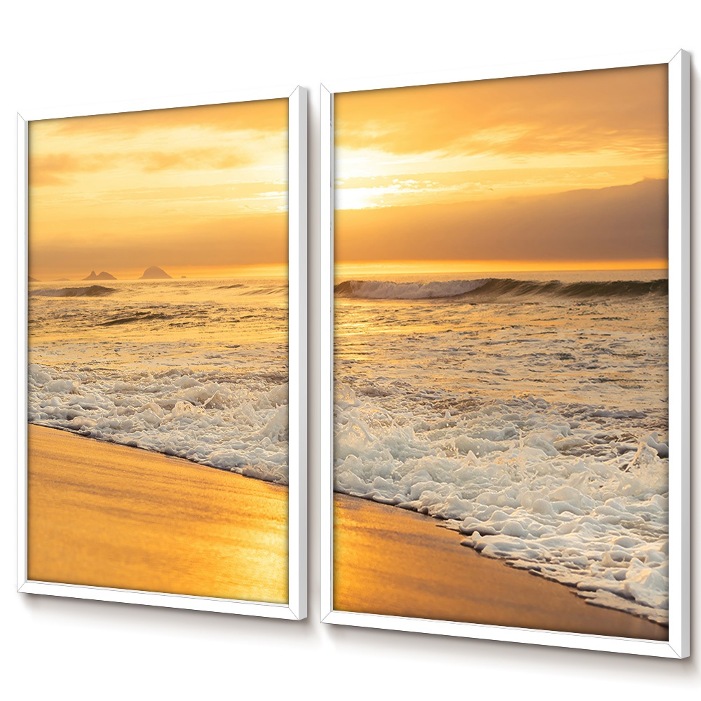 Quadro Decorativo Sala Quarto Casal Quadro Praia Paisagem Pôr Do Sol Dupla De Quadros Com Moldura — imagem 2 de 2