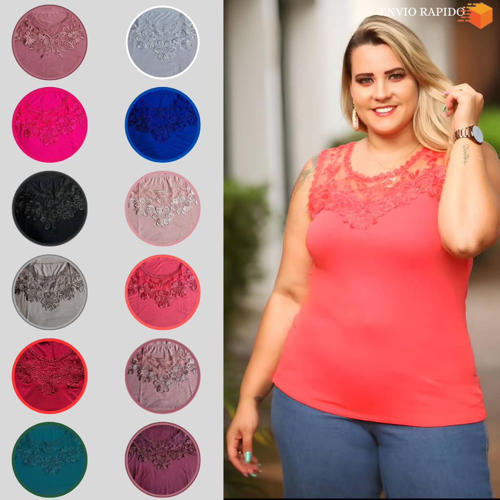 Regata feminina  Renda na Frente - Tecido Malha Viscolaycra em Oferta na Shopee