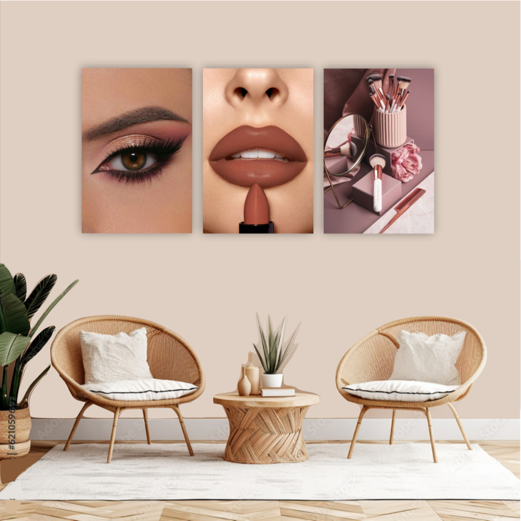 Quadro decorativo 3 peças studio estúdio de beleza make maquiagem batom sombra pincéis pincel boca