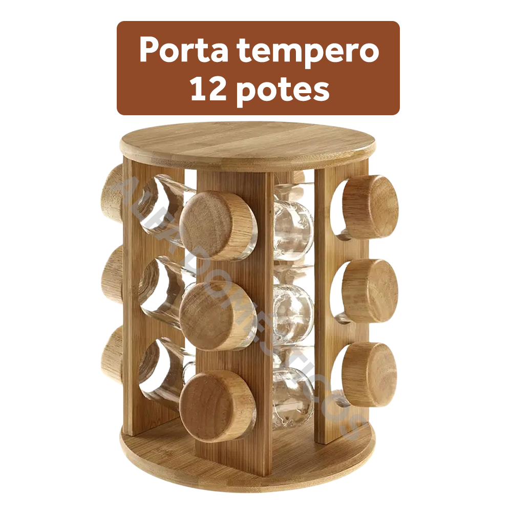 Porta Tempero em Bambu Giratório 12 Potes Condimentos Bambu luxo