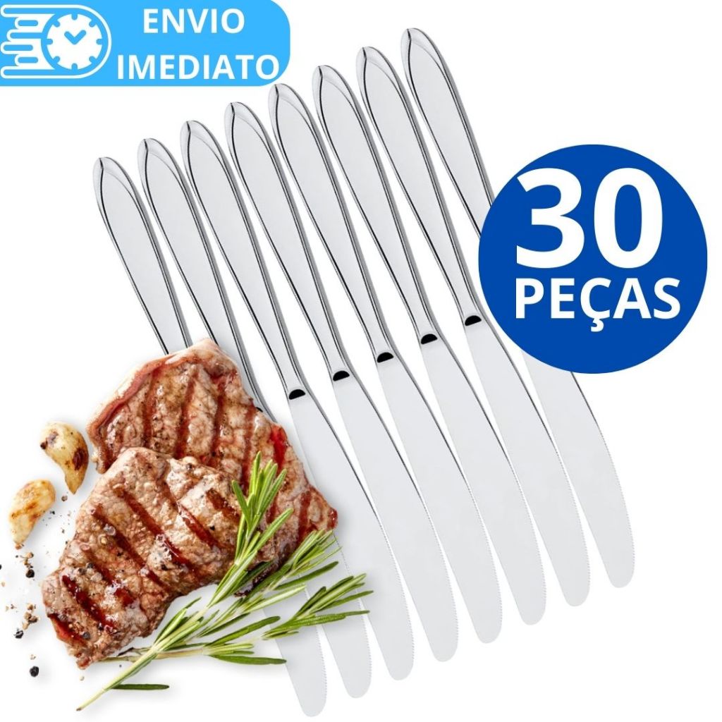 KIT 30 Talher Faca de Mesa 100% Aço Inox PREMIUM Resistente Polido Brilhante para Casa Cozinha Restaurante Bar Buffet