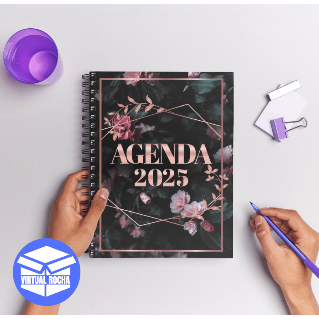 Adesivo Para Capa De Caderno Agenda 2025 Anotações Preto Rosa Flor MDF