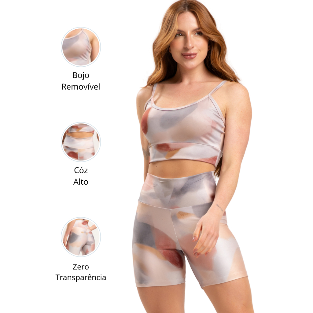 Conjunto Fitness Printed Short e Top com bojo removível Sem transparência academia feminina