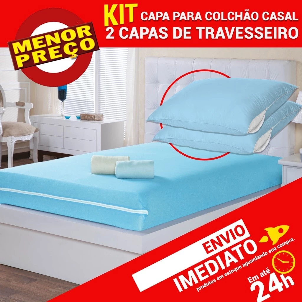 Kit Capa Protetora Colchão Casal + 2 Capas Travesseiro Antiácaro c/ Zíper Proteção Total