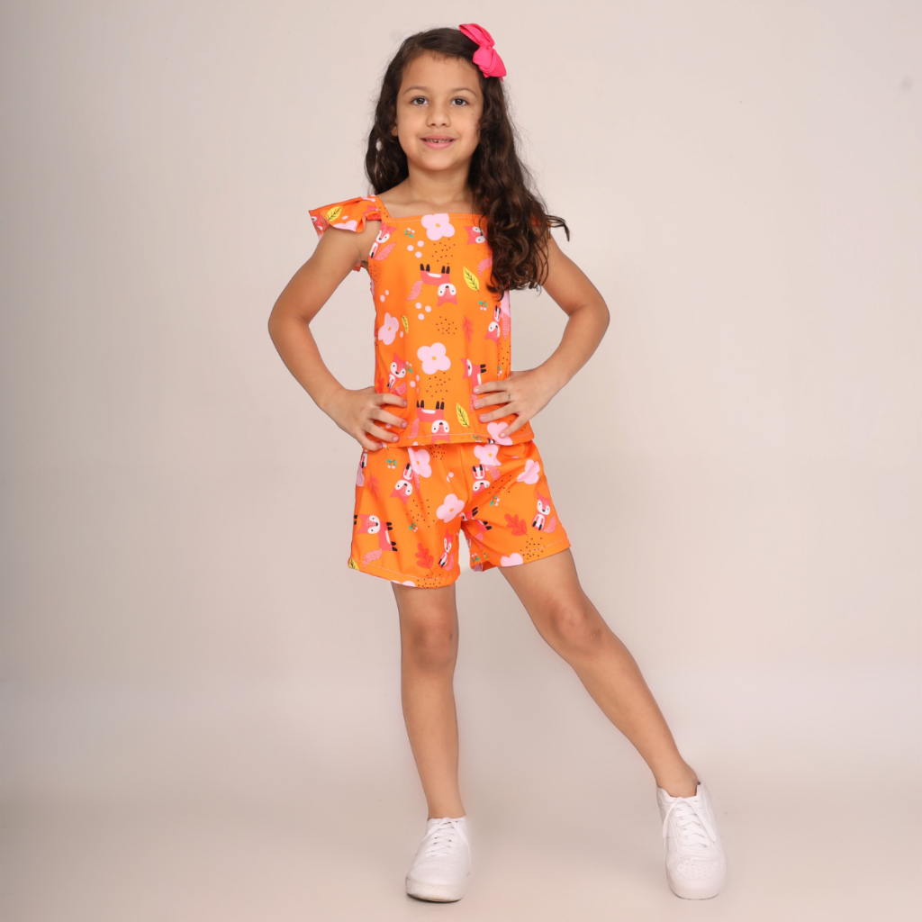 Conjunto short bermuda blusa babado menina feminino criança estampado raposas alaranjado confortável