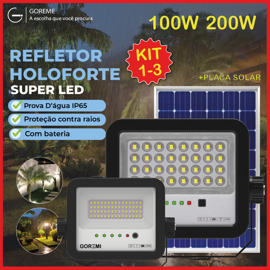 3 Holofote Refletor Solar Led PRO 200W ou 100W Prova D'àgua C/placa Solar Branco Frio 6500K