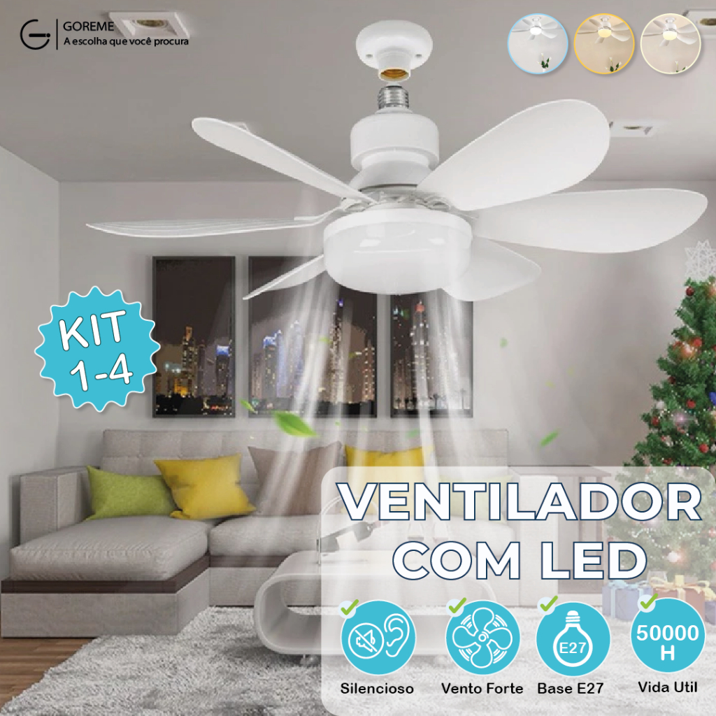 Ventilador de Teto PRO 60W ou 40W Super LED Lâmpada E27 Controle Remoto Luminária Economica de Energia 6 lâminas Bivolt
