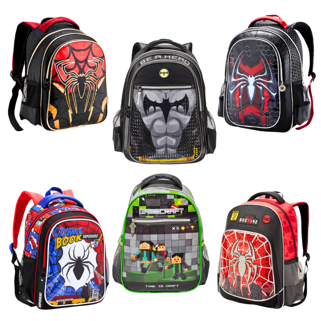 Mochila Costas Creche Escolar Menino 13 Polegadas Personagens Dark Spider Homem Aranha, Gamecraft, Super Bat