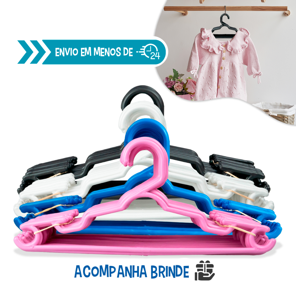 kit 50 unidades Cabide Reforçado Baby infantil juvenil cores Envio Imediato em Oferta na Shopee