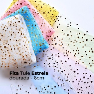 Fita Tule Com ESTRELA Dourada 6cm (3 metros) - Para Laços e Tiaras em Oferta na Shopee