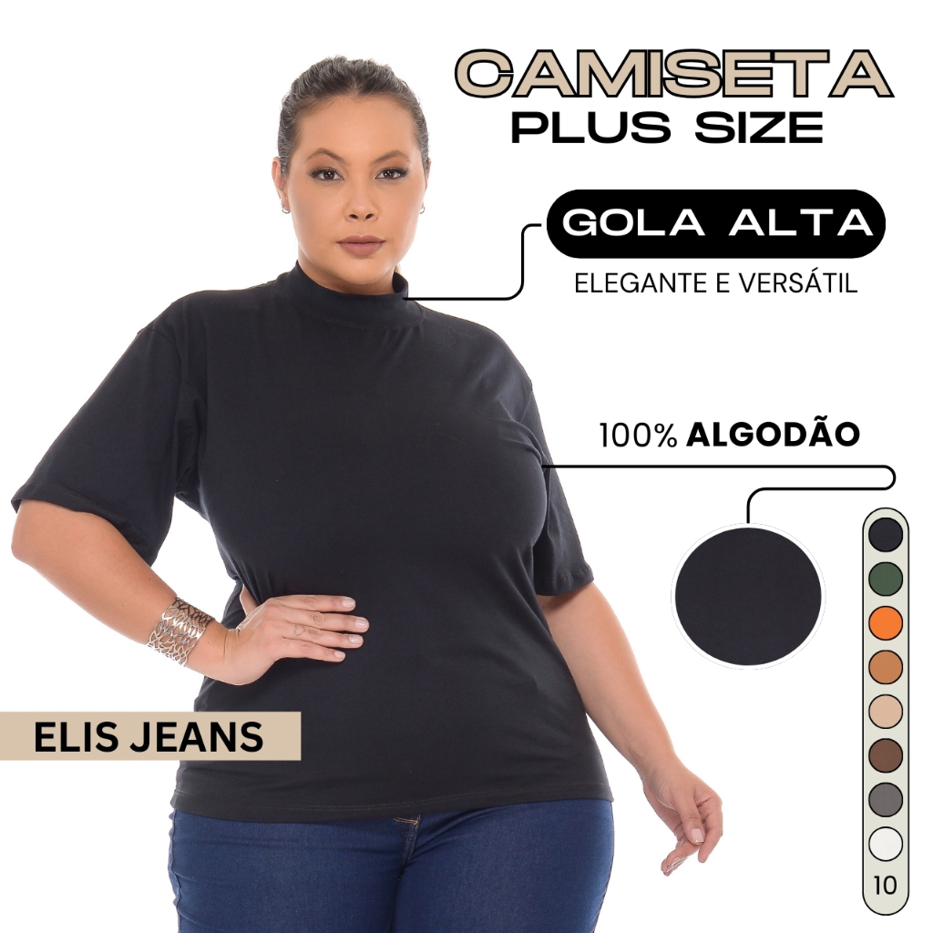 Camiseta Plus Size Feminina Gola Alta Blusa 100% Algodão T-shirt Básica