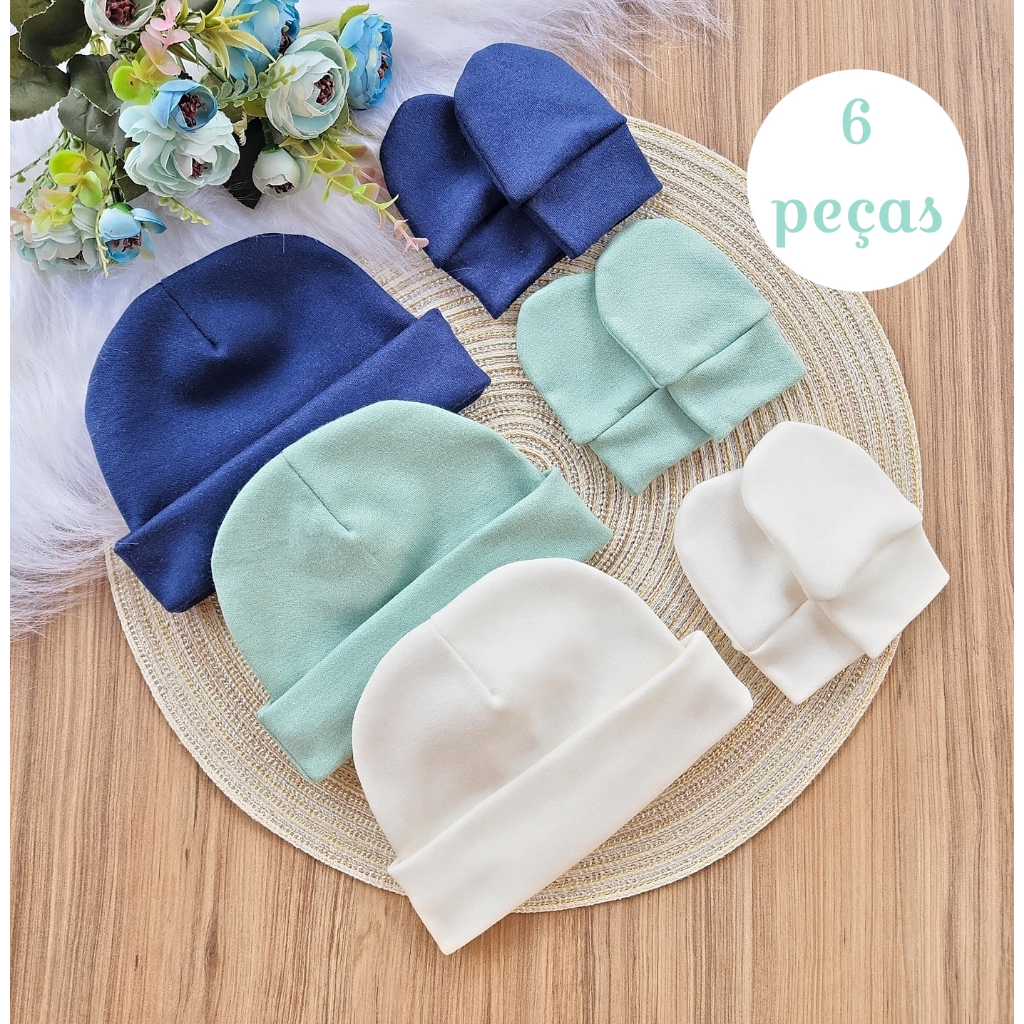 Kit 3 Touca e 3 Luva Para Bebê Recém Nascido 100% Algodão Antialérgico Maternidade em Oferta na Shopee