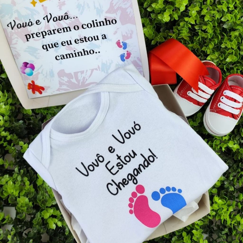 Caixinha Revelação de Gravidez Surpresa com Body Manga Curta e Sapatinho Anúncio Grávida em Oferta na Shopee