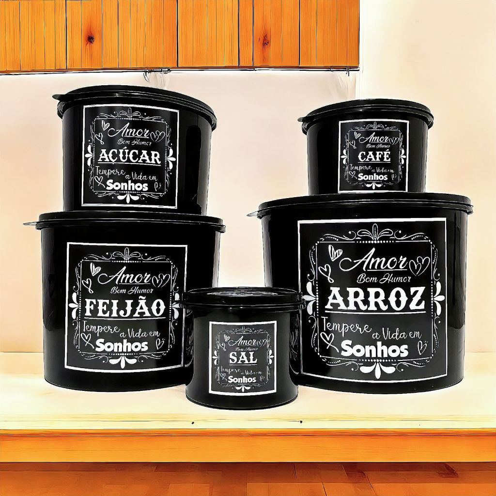 Kit Jogo De Mantimentos 5 Peças Jogo De POTES Conjunto de Potes (PRETO) SONHOS