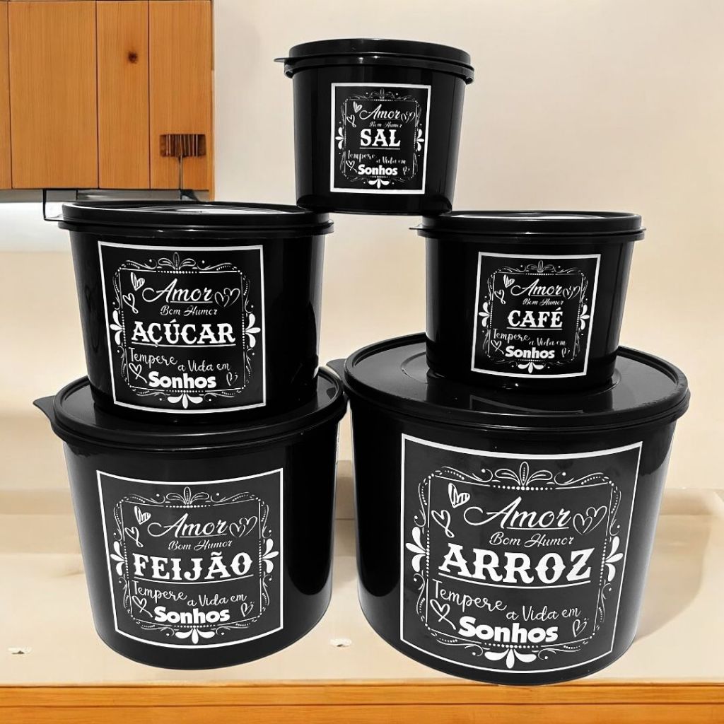 Kit Porta Mantimento De  5 Peças Jogo De POTES Conjunto de Potes PRETO SONHOS