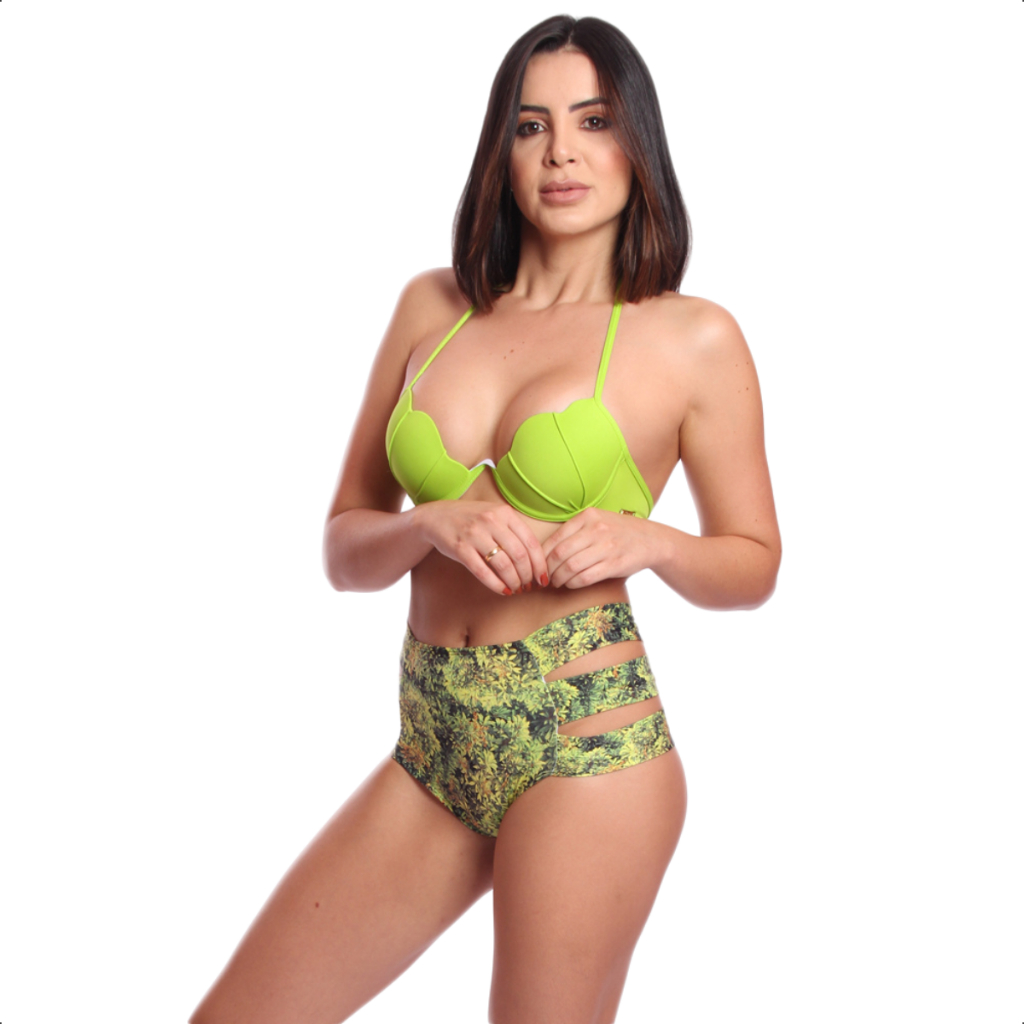 Biquíni Concha Com Bojo Fixo Tanga Hot Pants Estampado Saida Saia Kit Cintura Alta Fio Dental Top Neon Farm Maria Gueixa
