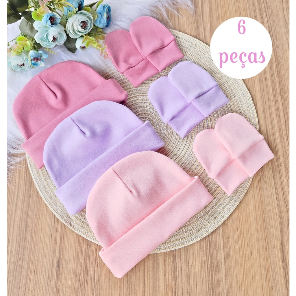 Kit 3 Touca e 3 Luva Para Bebê Recém Nascido 100% Algodão Antialérgico Maternidade em Oferta na Shopee