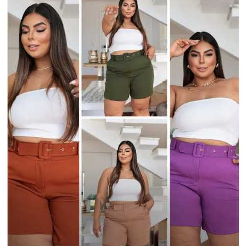 Shorts Feminino Plus Size Alfaiataria Com Cinto Forrado GG ao G2