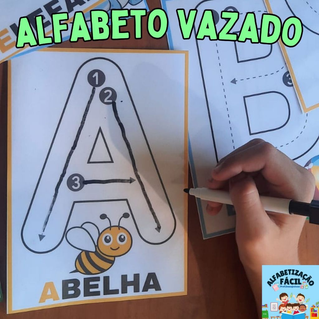Alfabeto Vazado Ilustrado com traçado das Letras + 1 caneta escreve e apague para ALFABETIZAR