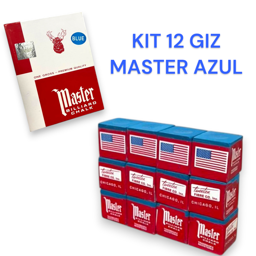 12 Giz P/ Sinuca Master Azul Kit Qualidade Premium Snooker Bilhar Profissional