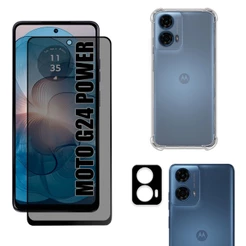 Kit Para Moto G24 Power | Película de Privacidade 3D - Capa Anti Shock - Película da Câmera 3D