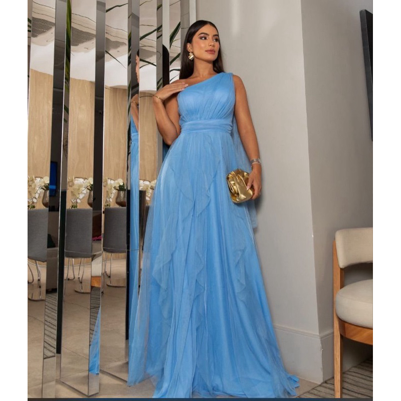 vestido de festa longo madrinha formatura casamento convidada debutante elegante tule azul bebê tiffany