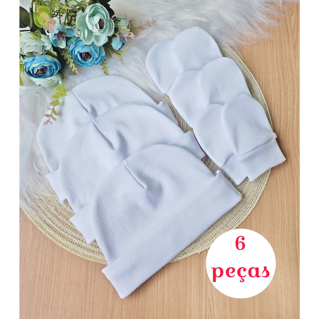 Kit 3 Touca e 3 Luva Para Bebê Recém Nascido 100% Algodão Antialérgico Maternidade