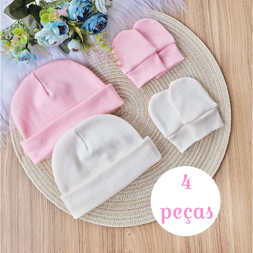 Kit com 2 Touca e 2 Luva Para Bebê Recém Nascido 100% Algodão Antialérgico Maternidade em Oferta na Shopee