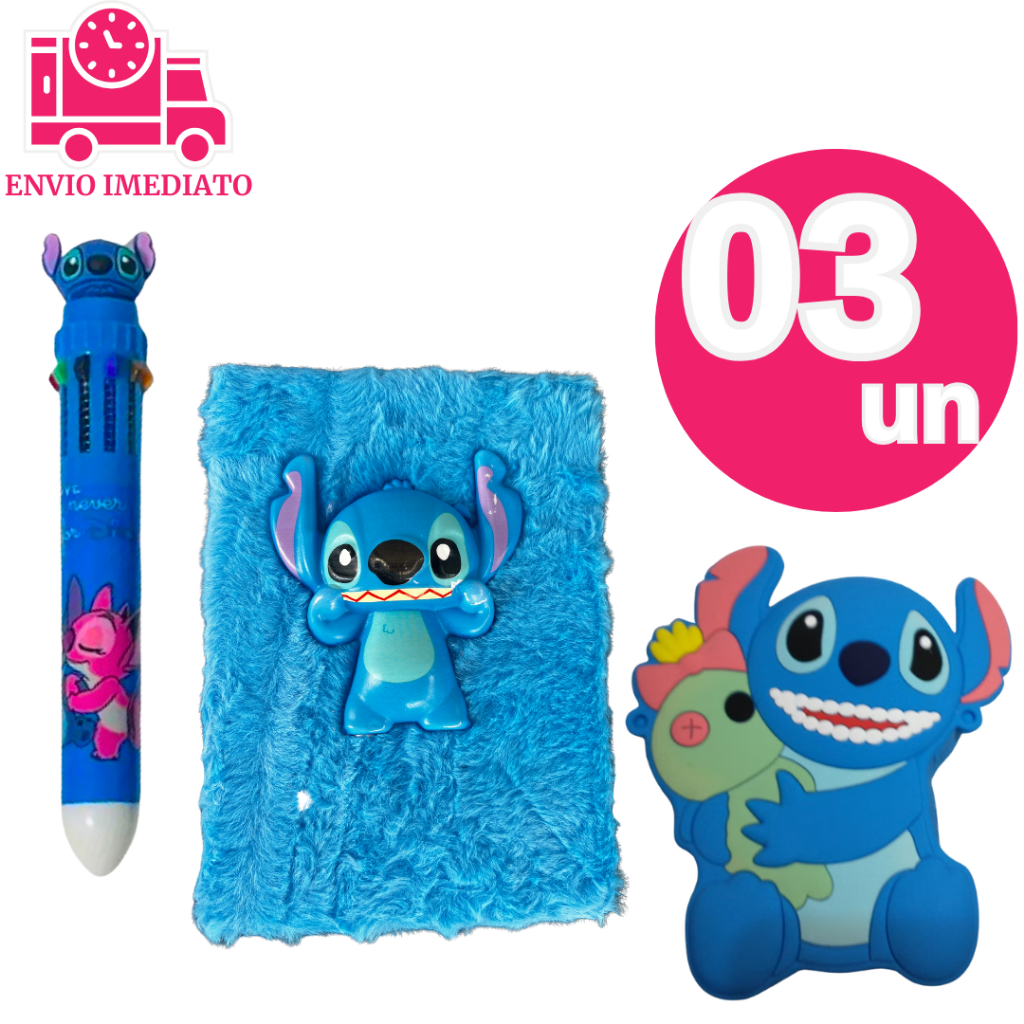Kit 3un Lilo Stitch Caderno de Pelúcia 3D + Caneta 10 cores + Bolsinha com Alça Removível cor azul