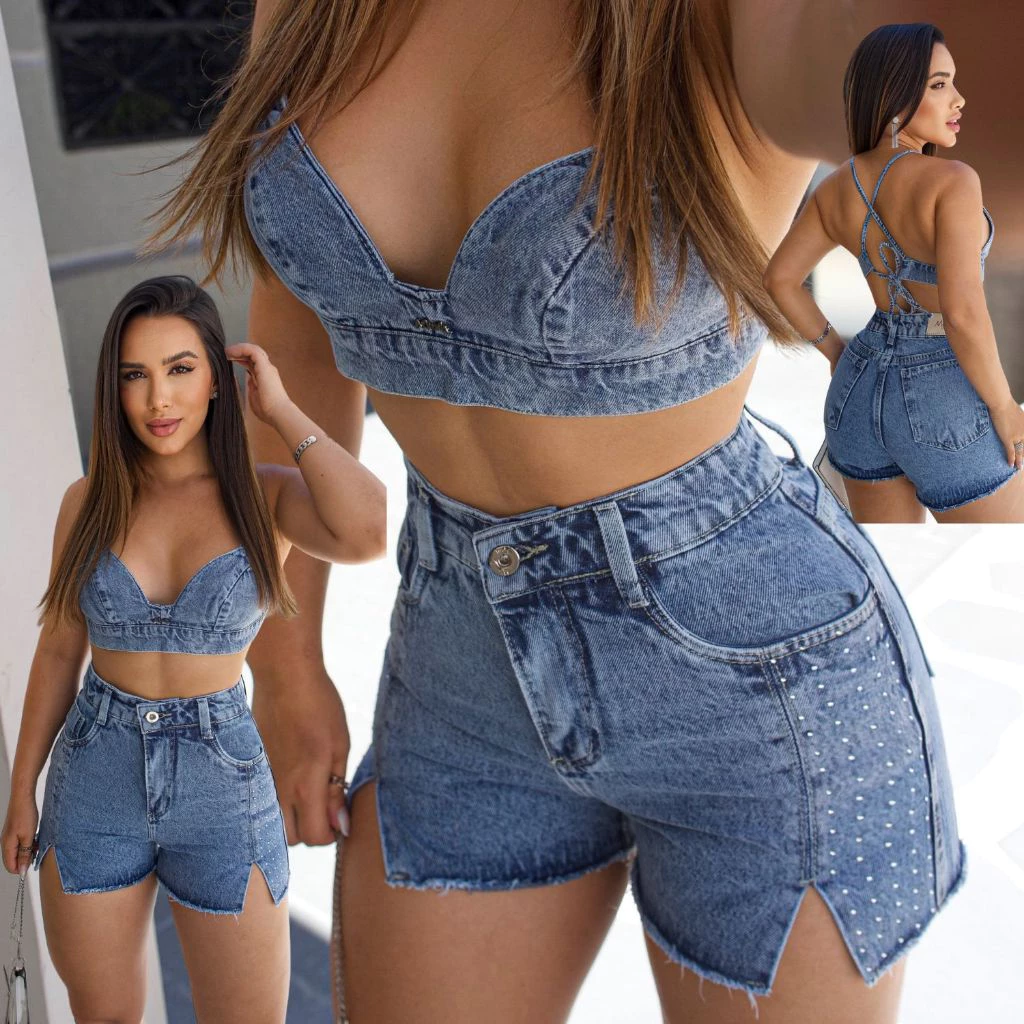 Conjunto Jeans Cropped Top e Short Pedraria de Strass Marmorizado Cintura Alta Sem Elastano — imagem 1