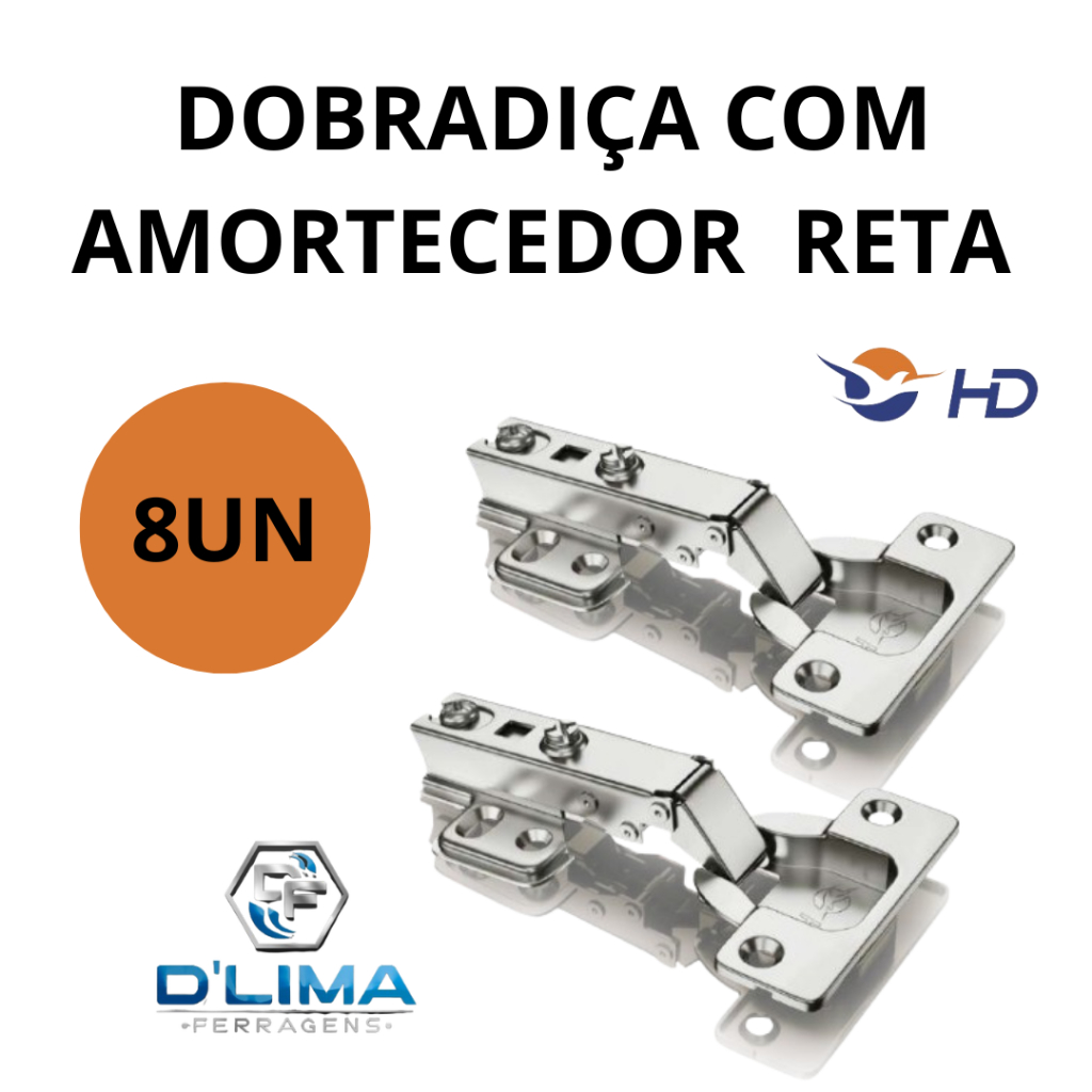 Kit 8 Dobradiças Reta Com Amortecedor Calço Fixo 35mm Armário Moveis