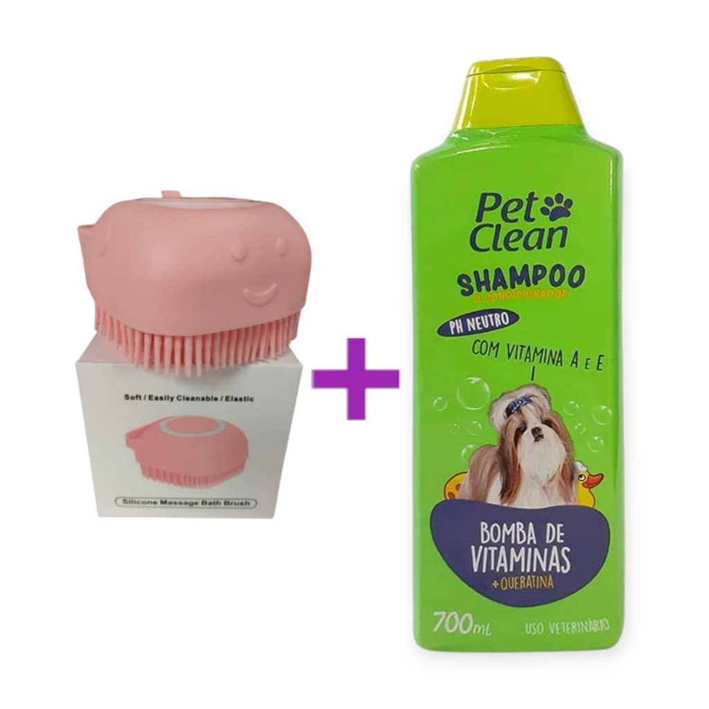 KIT SHAMPOO PARA CÃES E GATOS BOMBA DE VITAMITA 700ML + ESCOVA PARA BANHO