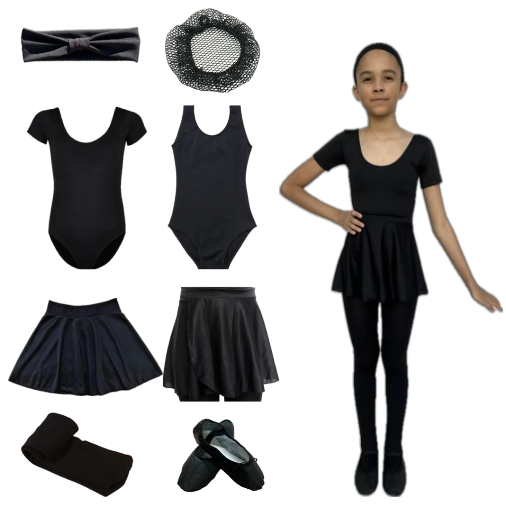 Kit Ballet Infantil Preto 8 Peças: Faixa + Rede + Collant Regata + Collant + Saia Cós + Saia Transpas.+ Meia + Sapatilha