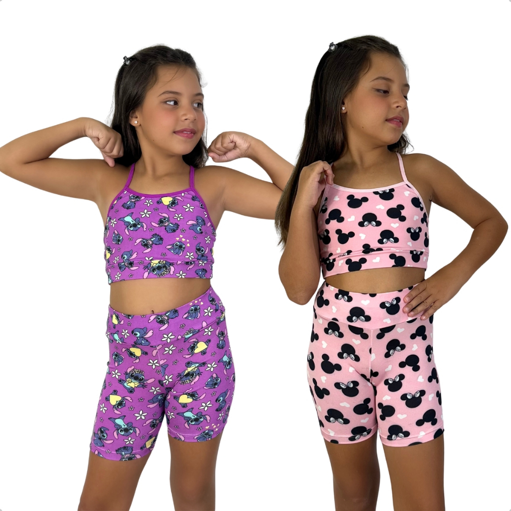 Conjunto Fitness Infantil Feminino Bermuda Cropped Alcinha Estampado Personagens Menina 915