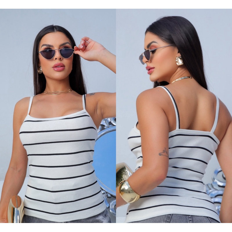 Blusa de Alcinha Listrada Ribana Canelada Básica Feminino.