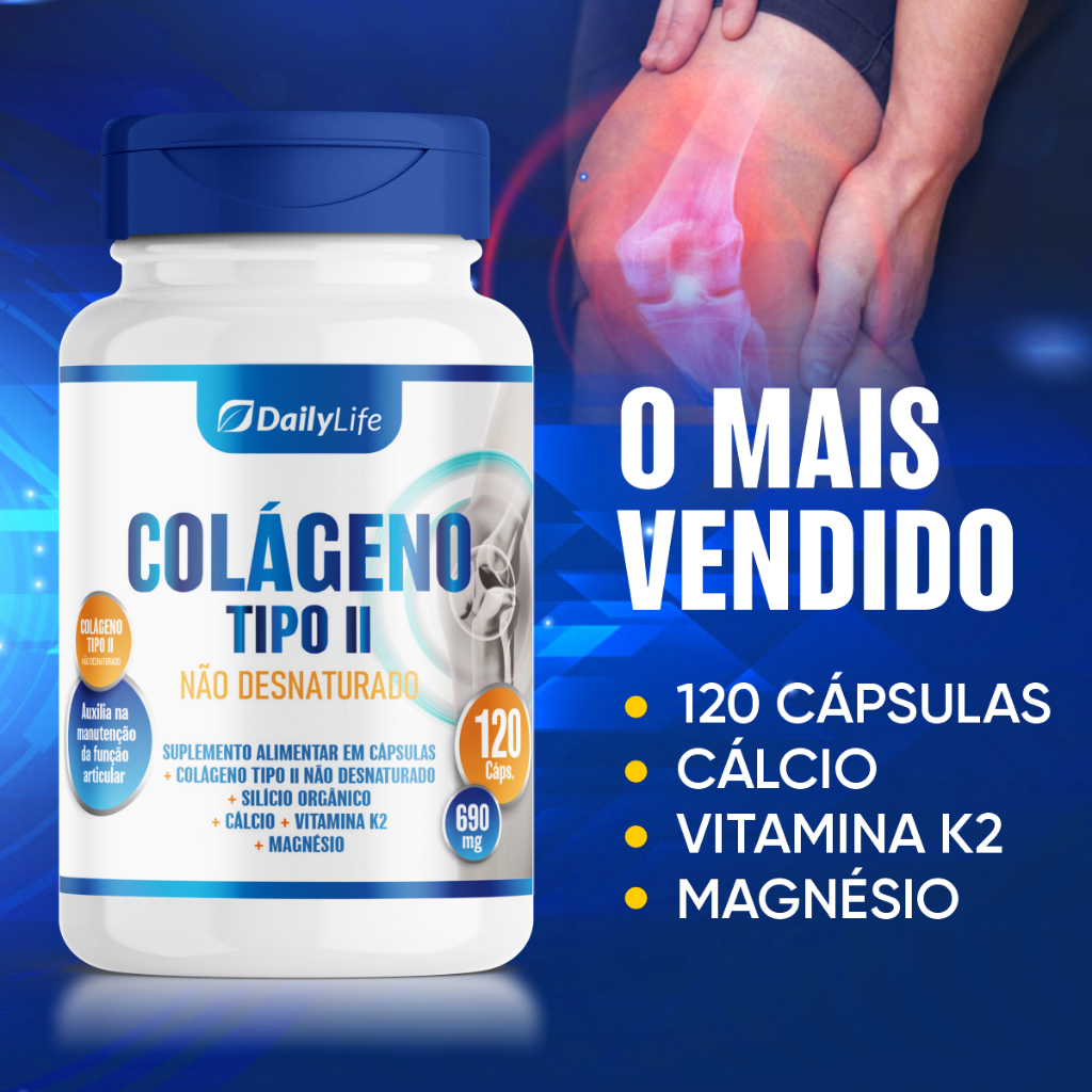 Colágeno Tipo 2 Não Desnaturado 120 Cápsulas 40mg - Auxilia na Saúde Articular - DailyLife